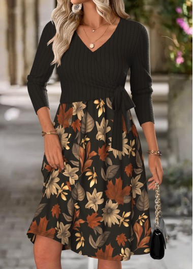 Floral Print Tummy Coverage Black Long Sleeve Dress