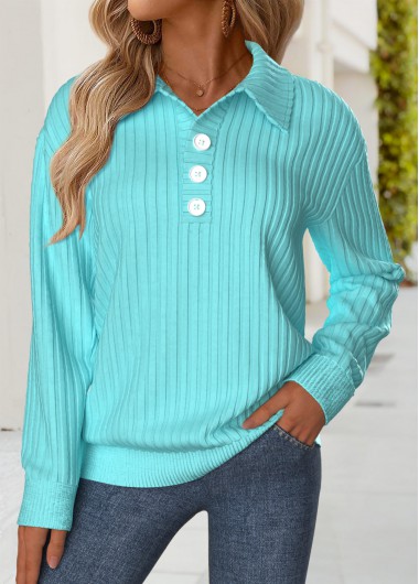 Tummy Coverage Cyan Long Sleeve Turn Down Collar Sweatshirt Tummy Coverage Cyan Long Sleeve Turn Down Collar Sweatshirt