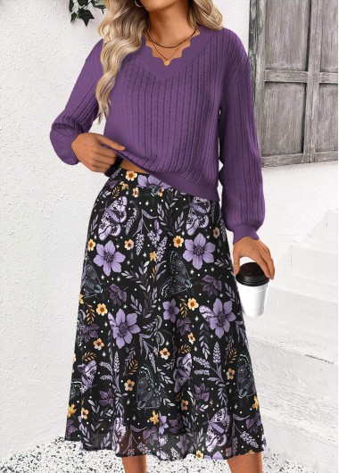 Floral Print Tummy Coverage Dusty Purple Top and Skirt