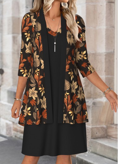 Leaf Print Tummy Coverage Black Dress and Cardigan