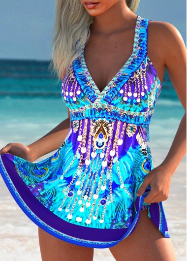 High Waisted Tribal Print Purplish Blue Tankini Set