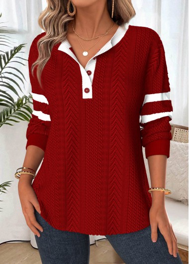 Tummy Coverage Deep Red Long Sleeve Split Neck Sweatshirt