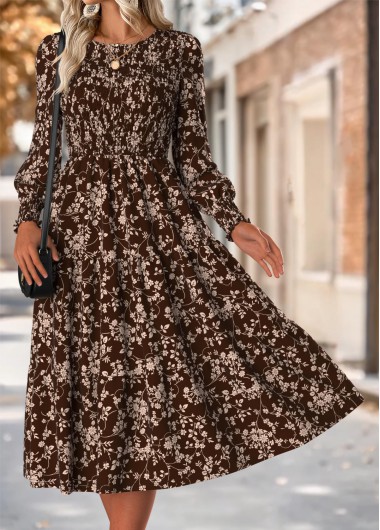 Ditsy Floral Print Tummy Coverage Dark Coffee Dress Ditsy Floral Print Tummy Coverage Dark Coffee Dress