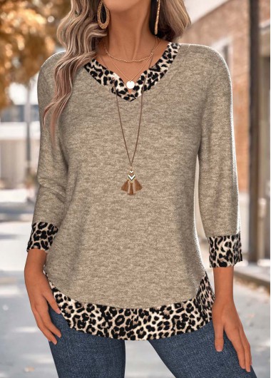 Leopard Tummy Coverage Dark Camel 3/4 Sleeve T Shirt Leopard Tummy Coverage Dark Camel 3/4 Sleeve T Shirt