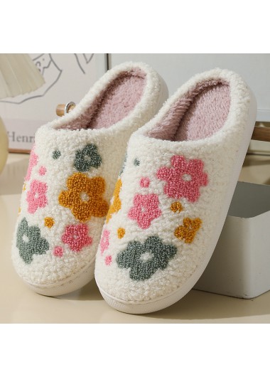 White Floral Print Closed Toe Falt Slippers