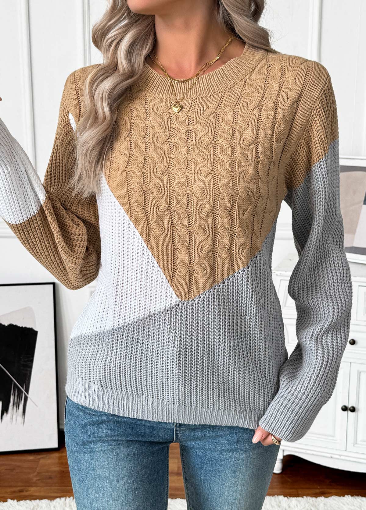Tummy Coverage Dark Camel Long Sleeve Round Neck Sweater