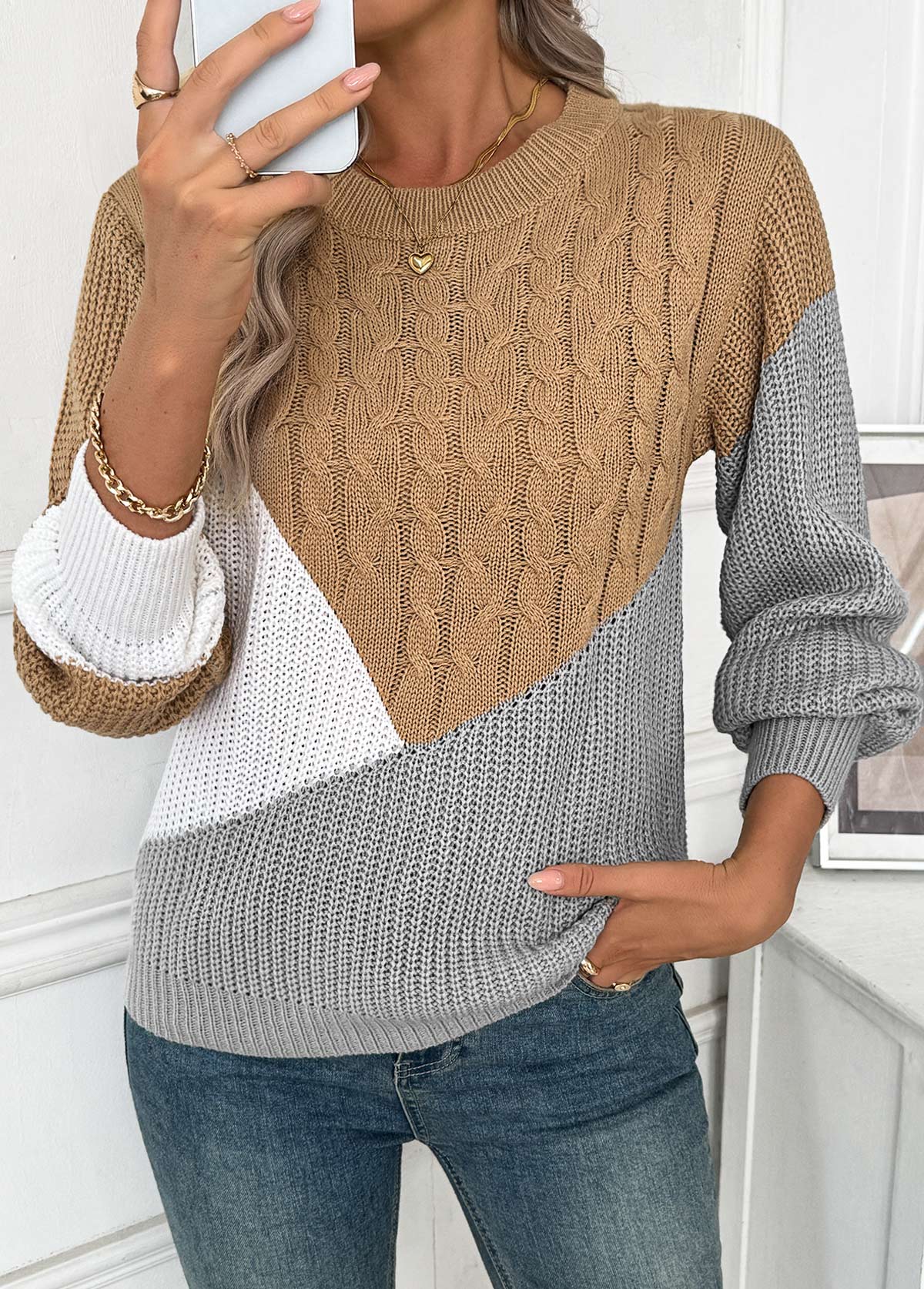 Tummy Coverage Dark Camel Long Sleeve Round Neck Sweater
