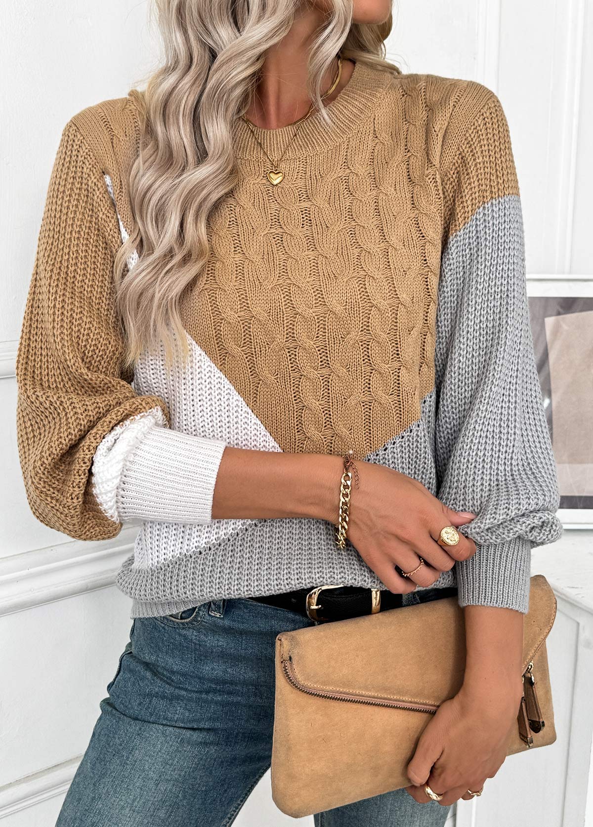 Tummy Coverage Dark Camel Long Sleeve Round Neck Sweater