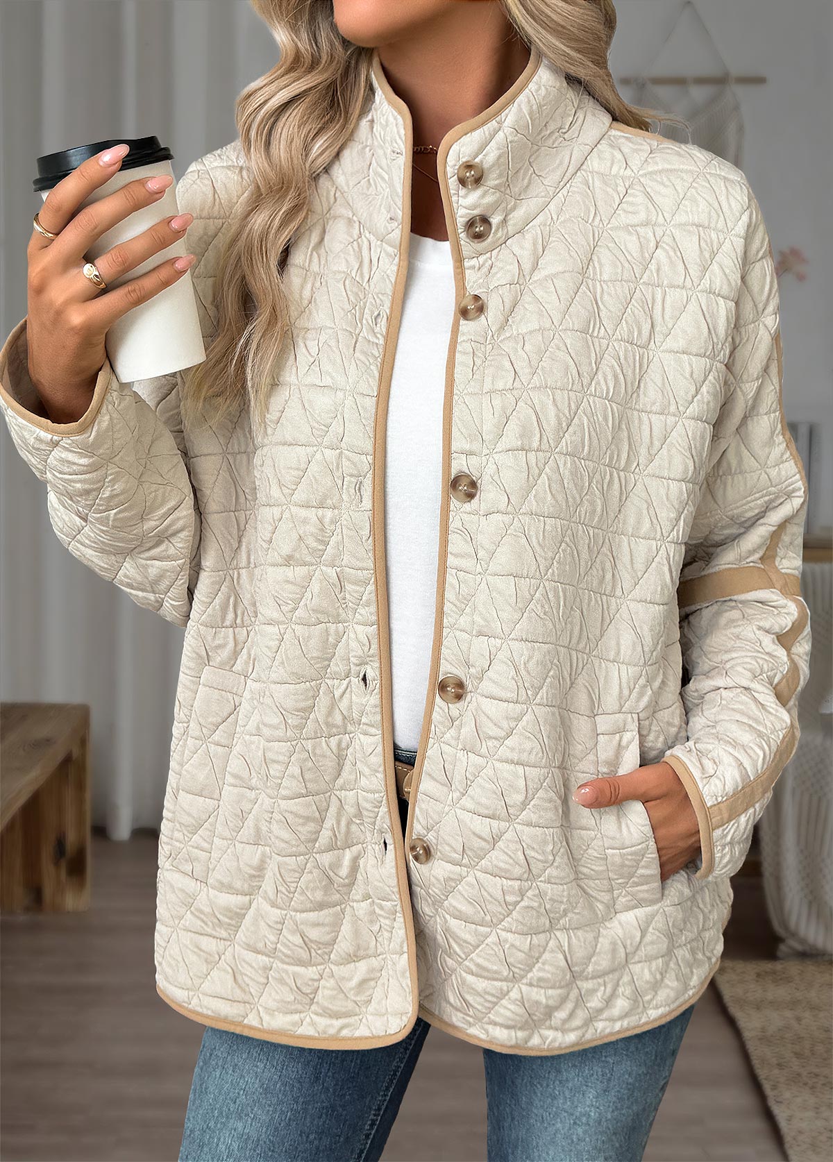 Tummy Coverage Beige Long Sleeve Stand Collar Coat