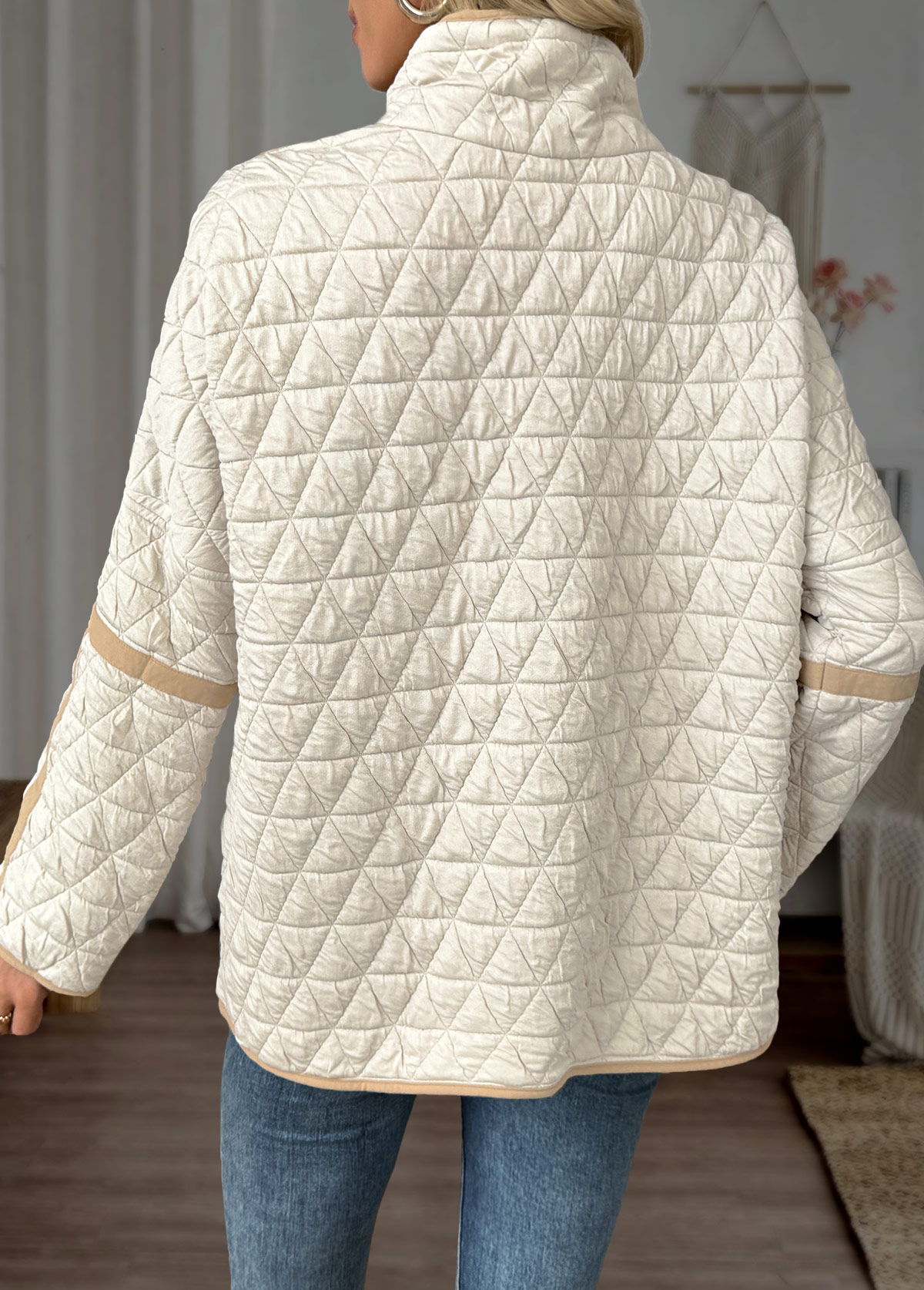 Tummy Coverage Beige Long Sleeve Stand Collar Coat