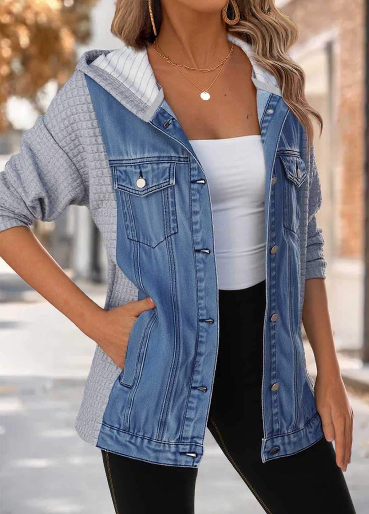 Tummy Coverage Denim Blue Long Sleeve Hooded Coat