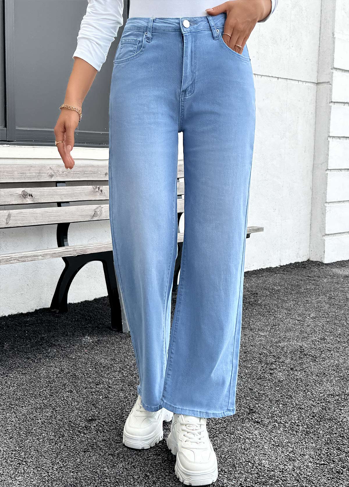 Pocket Denim Blue Straight Leg Button Fly Jeans