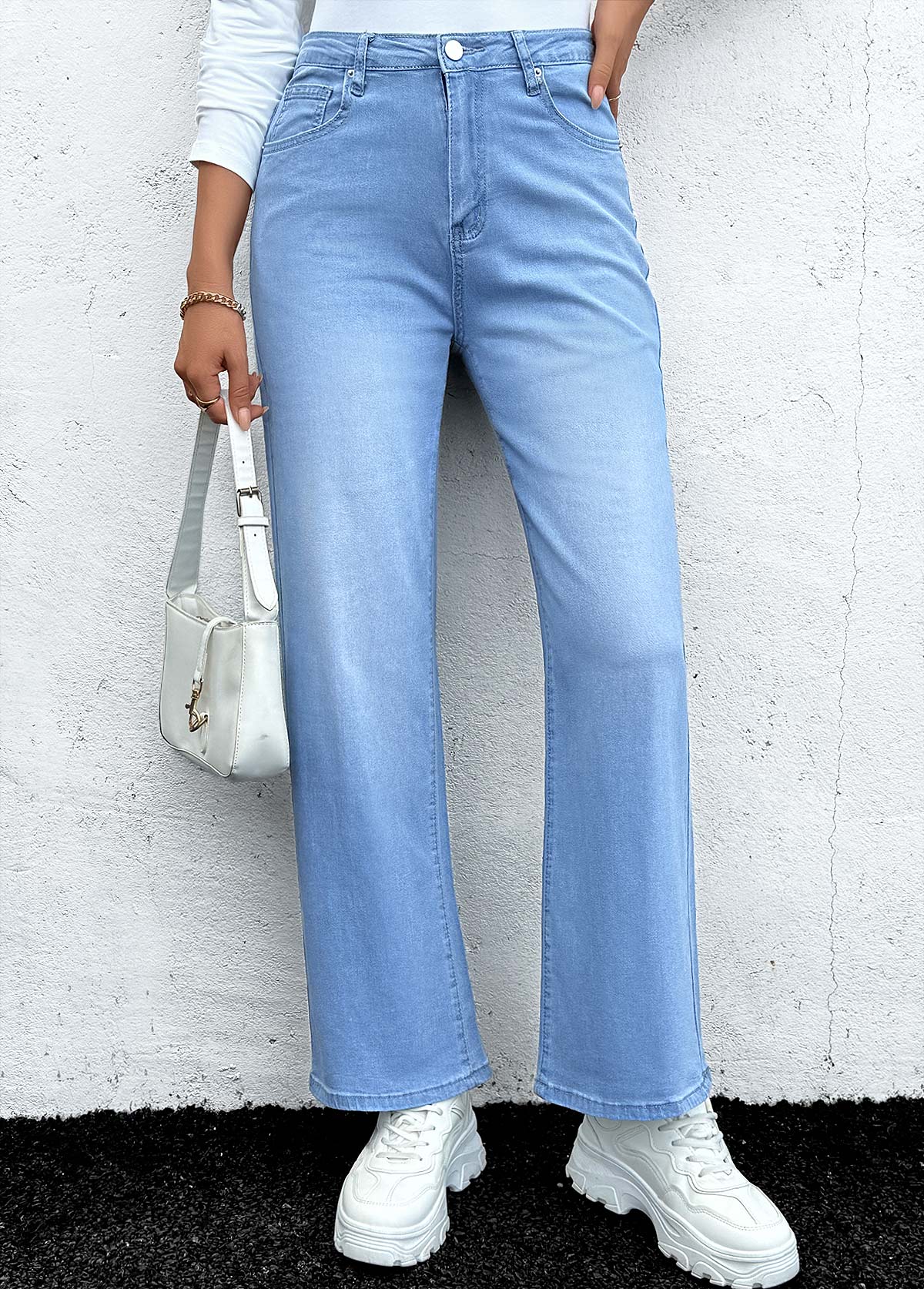 Pocket Denim Blue Straight Leg Button Fly Jeans