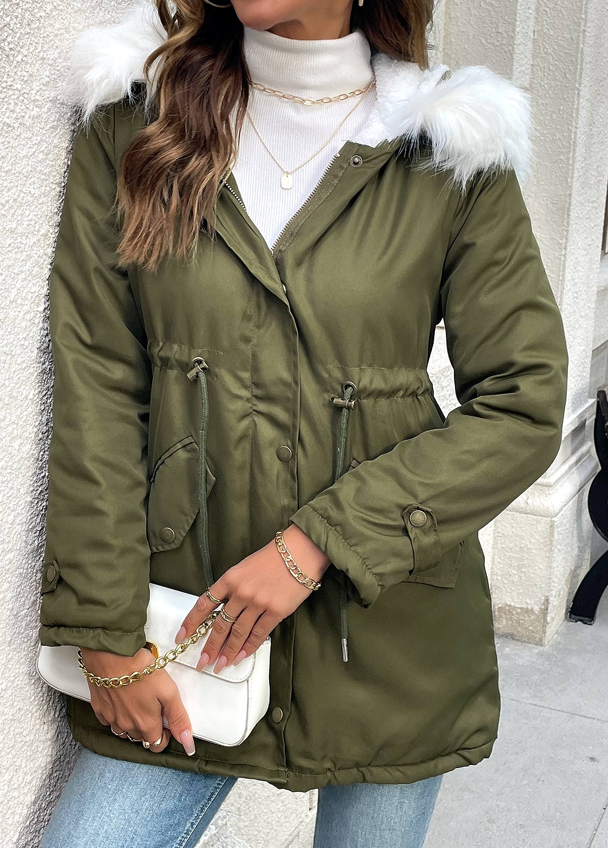 Tummy Coverage Olive Green Long Sleeve Hooded Coat