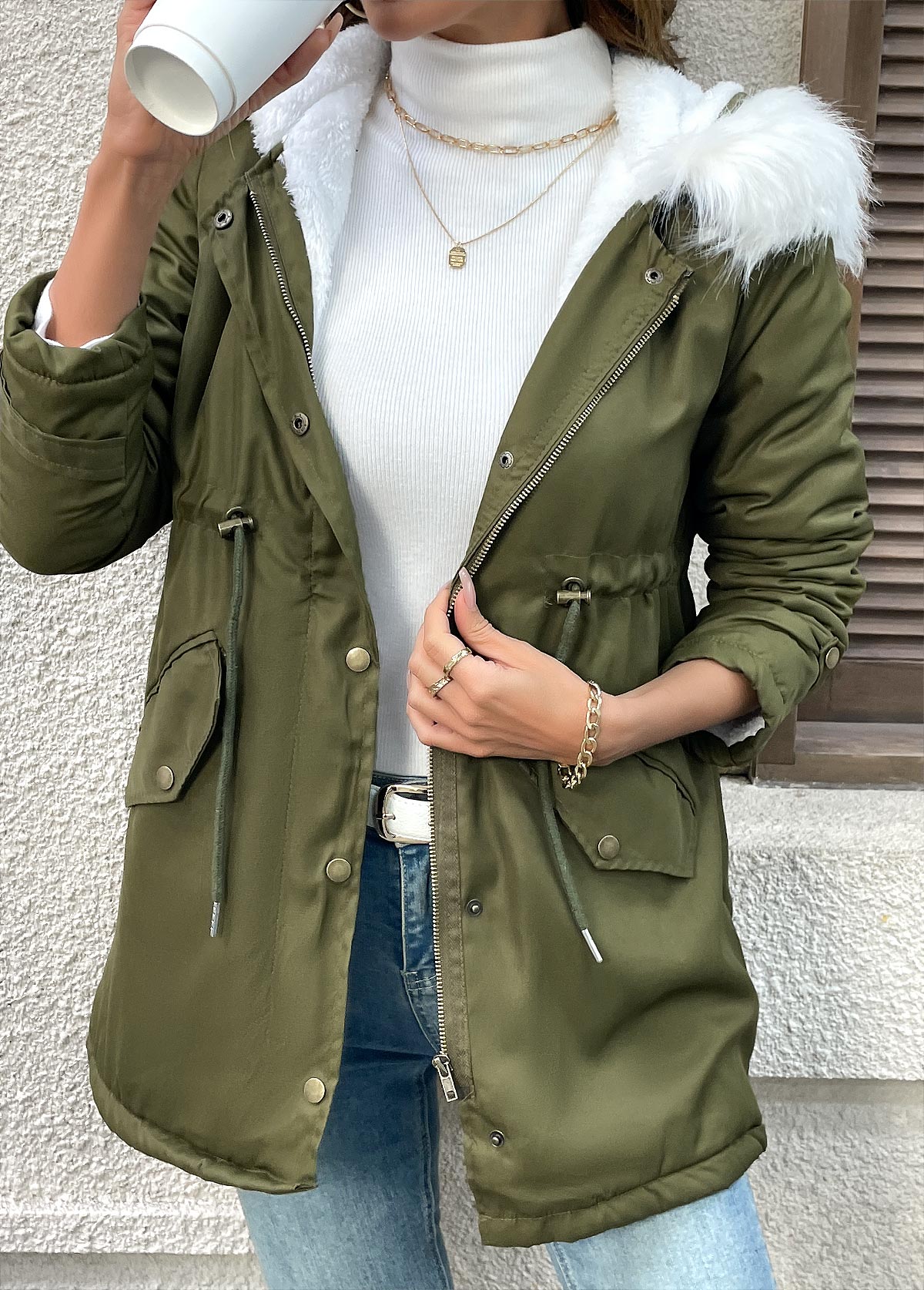 Tummy Coverage Olive Green Long Sleeve Hooded Coat