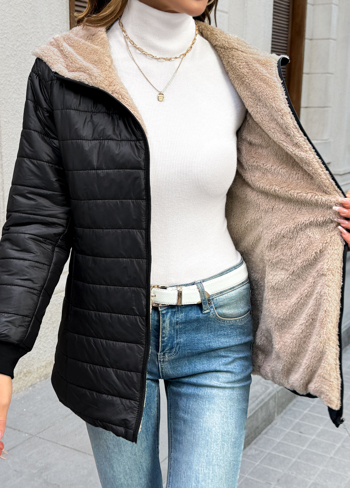 Tummy Coverage Black Long Sleeve Hooded Coat