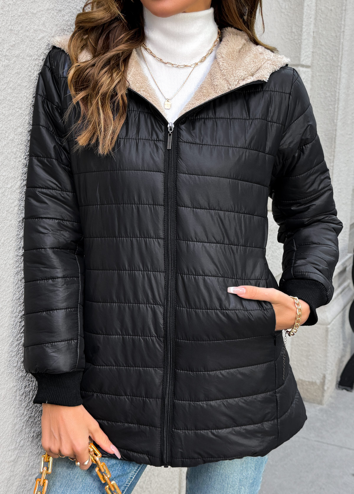 Tummy Coverage Black Long Sleeve Hooded Coat