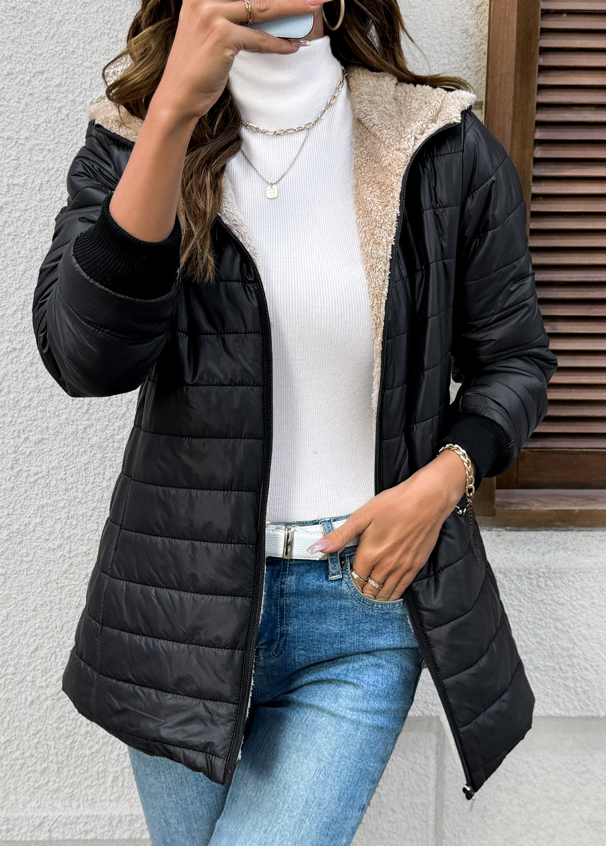 Tummy Coverage Black Long Sleeve Hooded Coat