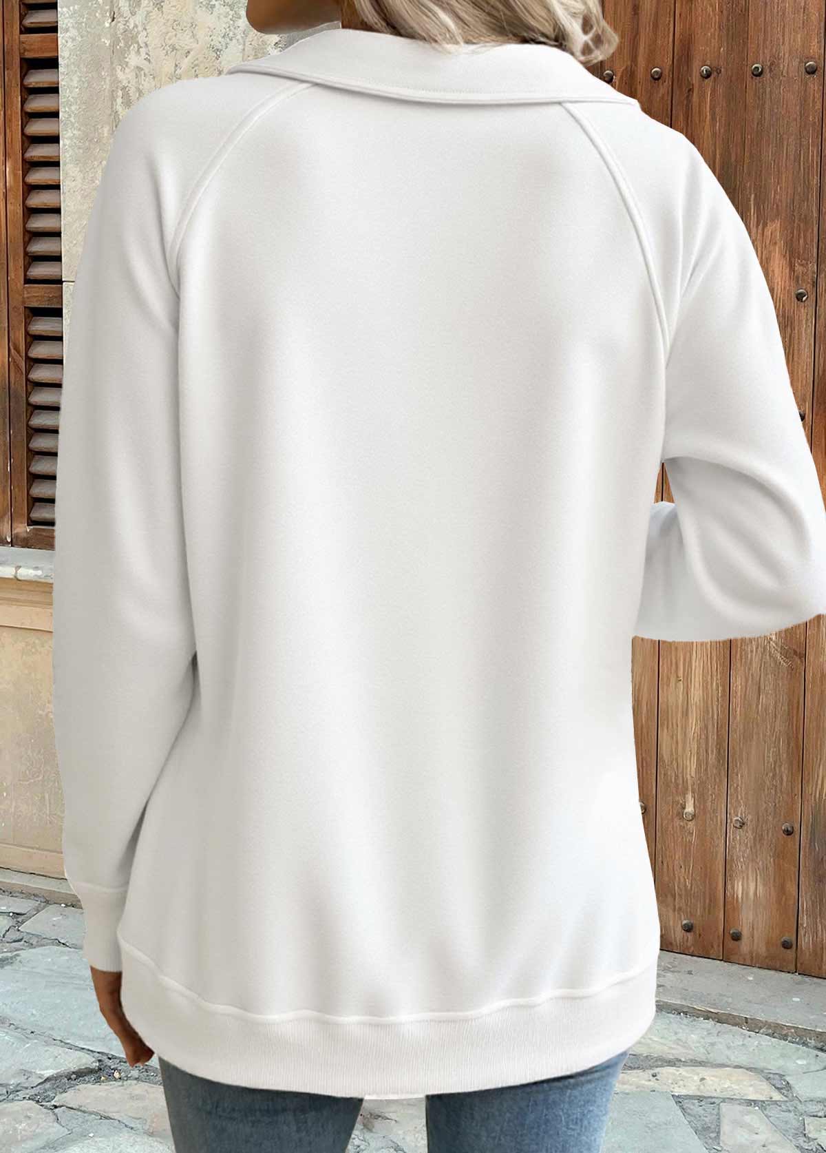 Tummy Coverage White Long Sleeve Turn Down Collar Sweatshirt