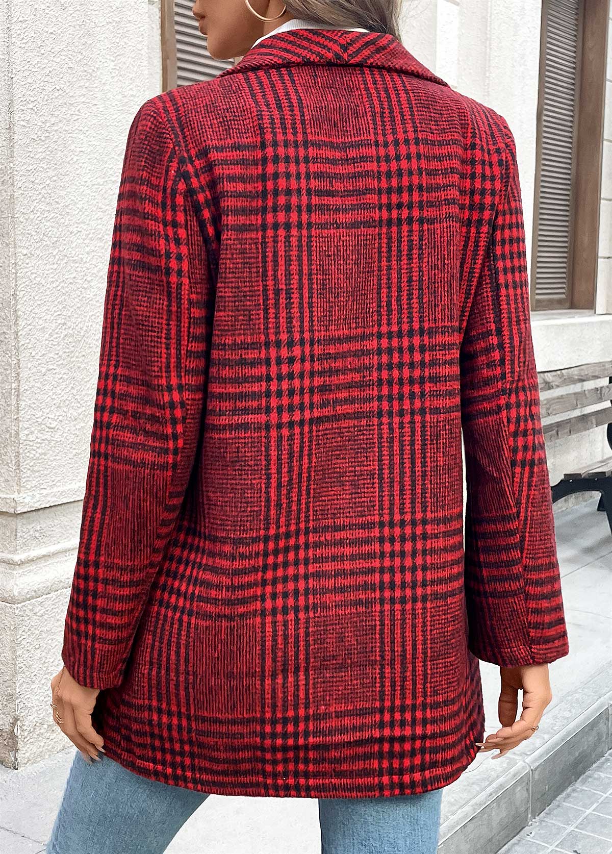 Plaid Button Wine Red Long Sleeve Lapel Coat