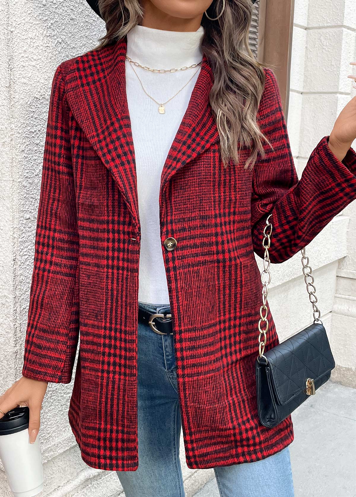 Plaid Button Wine Red Long Sleeve Lapel Coat