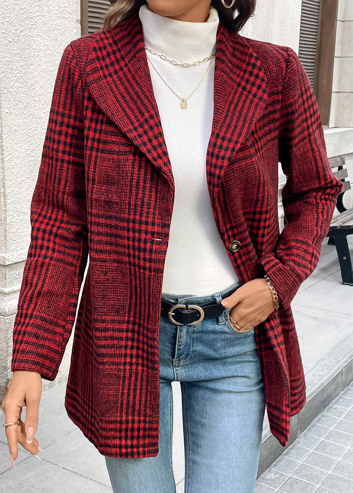 Plaid Button Wine Red Long Sleeve Lapel Coat