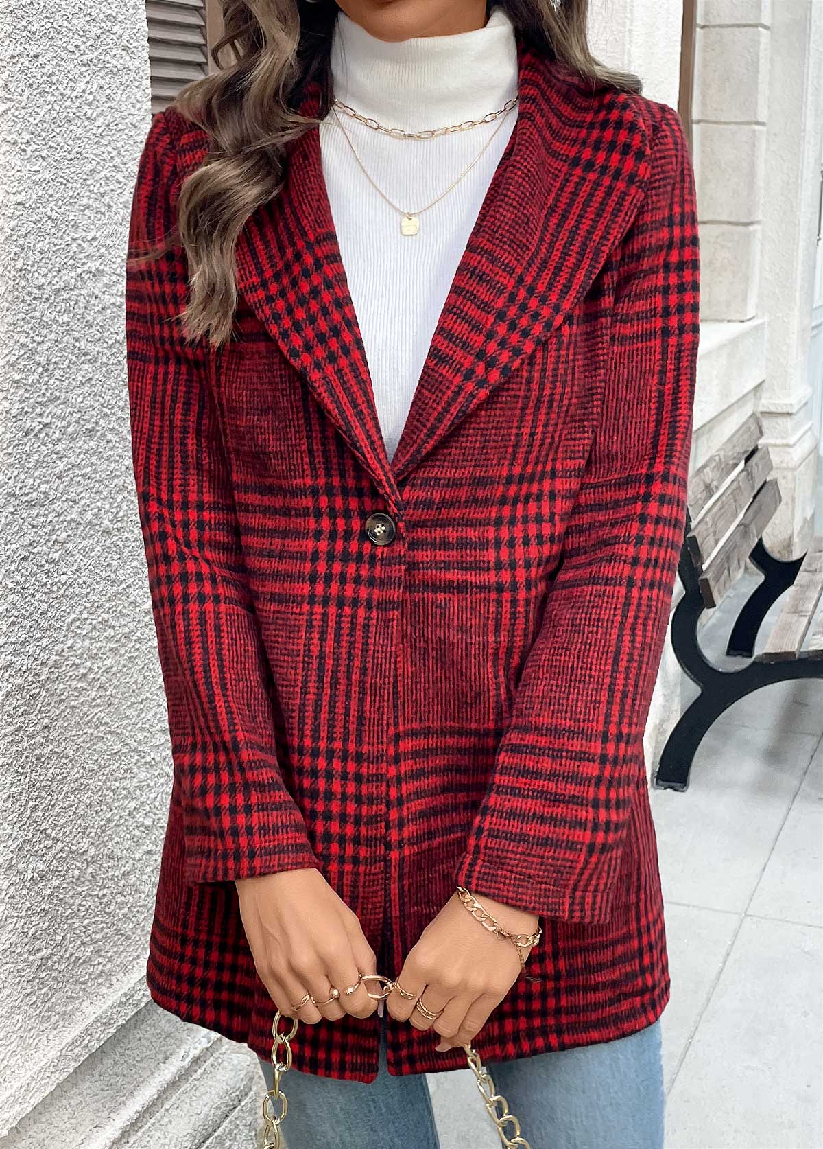 Plaid Button Wine Red Long Sleeve Lapel Coat