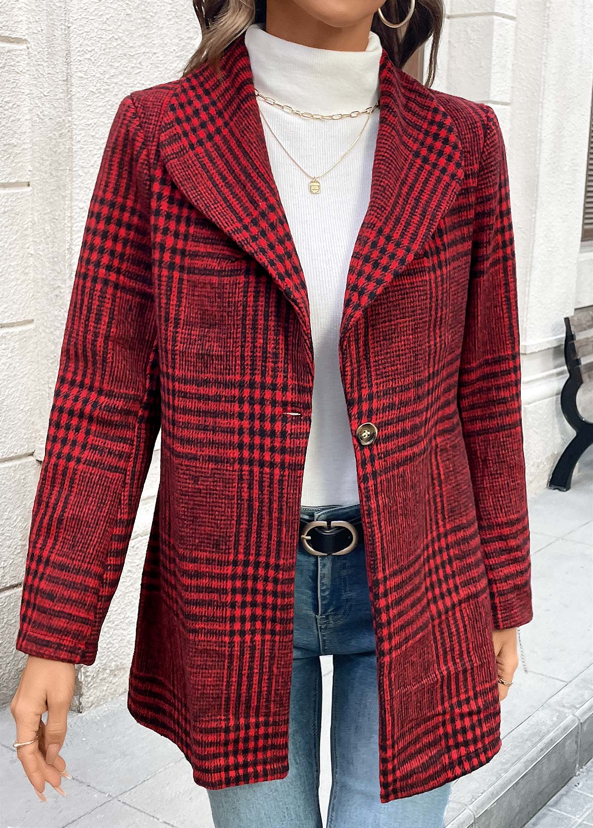 Plaid Button Wine Red Long Sleeve Lapel Coat
