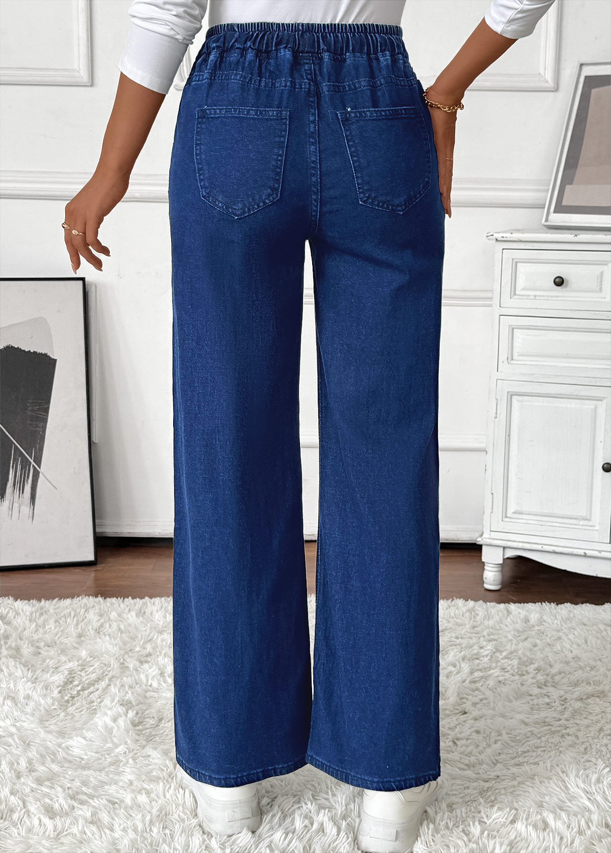 Pocket Denim Blue Wide Leg Elastic Waist Jeans