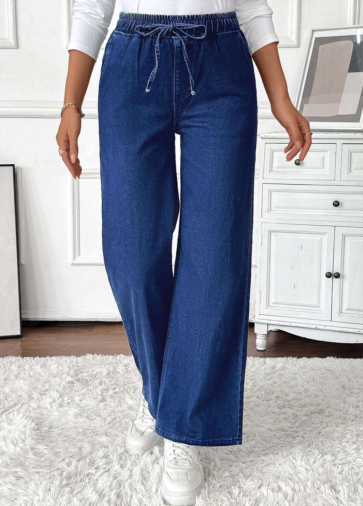 Pocket Denim Blue Wide Leg Elastic Waist Jeans