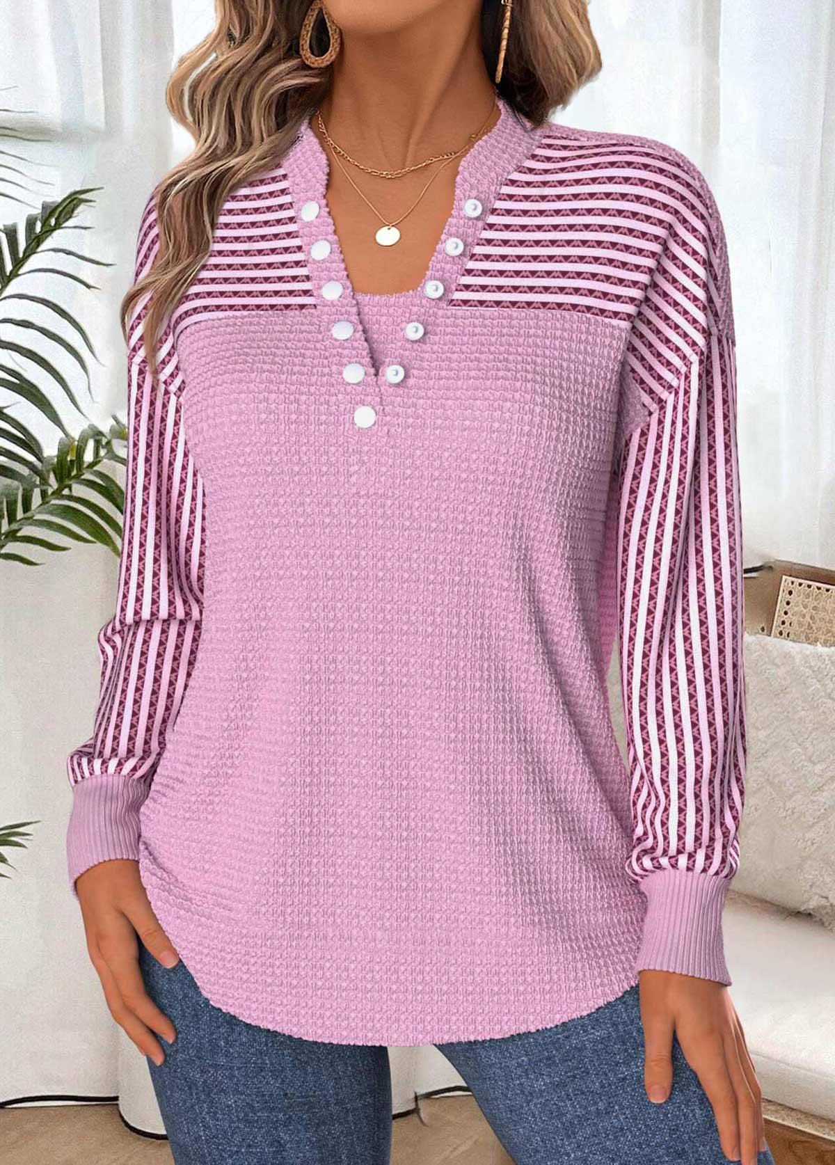 Geometric Print Tummy Coverage Light Pink Long Sleeve Sweatshirt