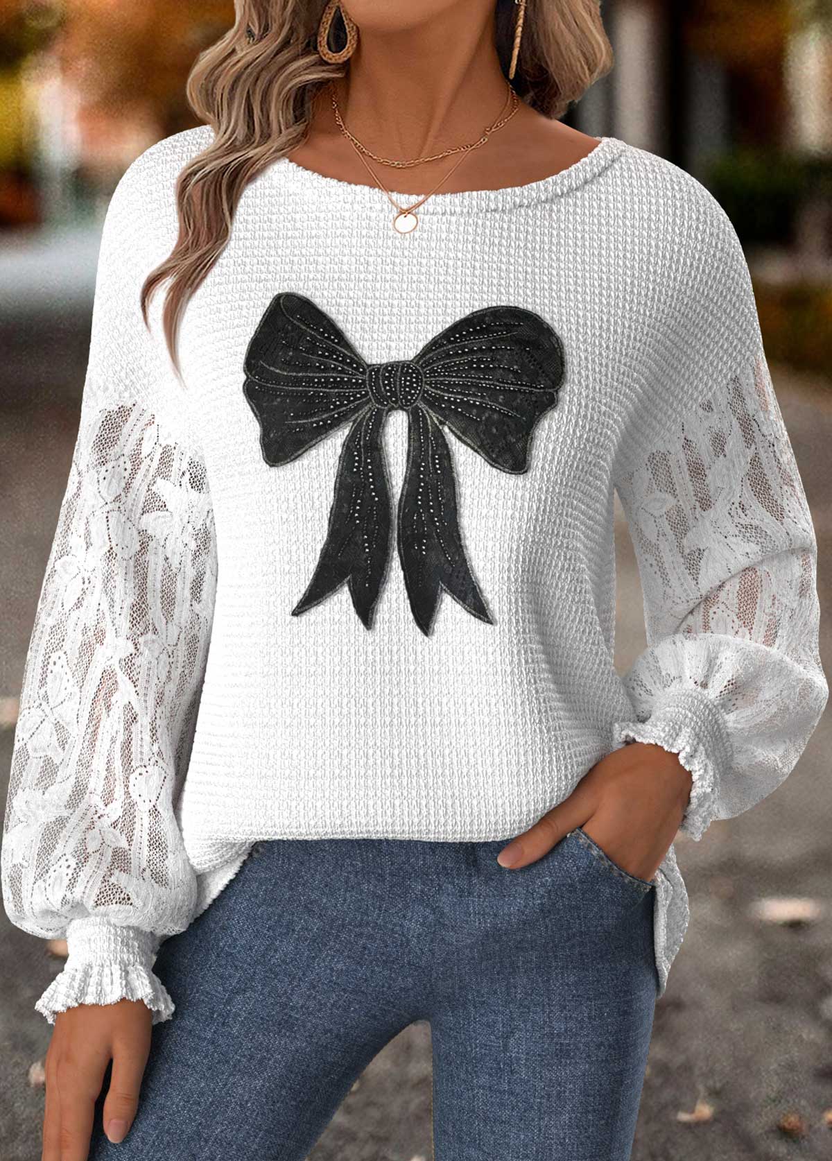 Geometric Print Tummy Coverage Raw White Long Sleeve Sweatshirt