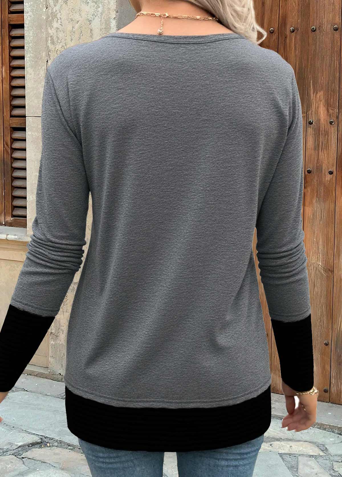 Patchwork Dark Grey Long Sleeve Round Neck T Shirt