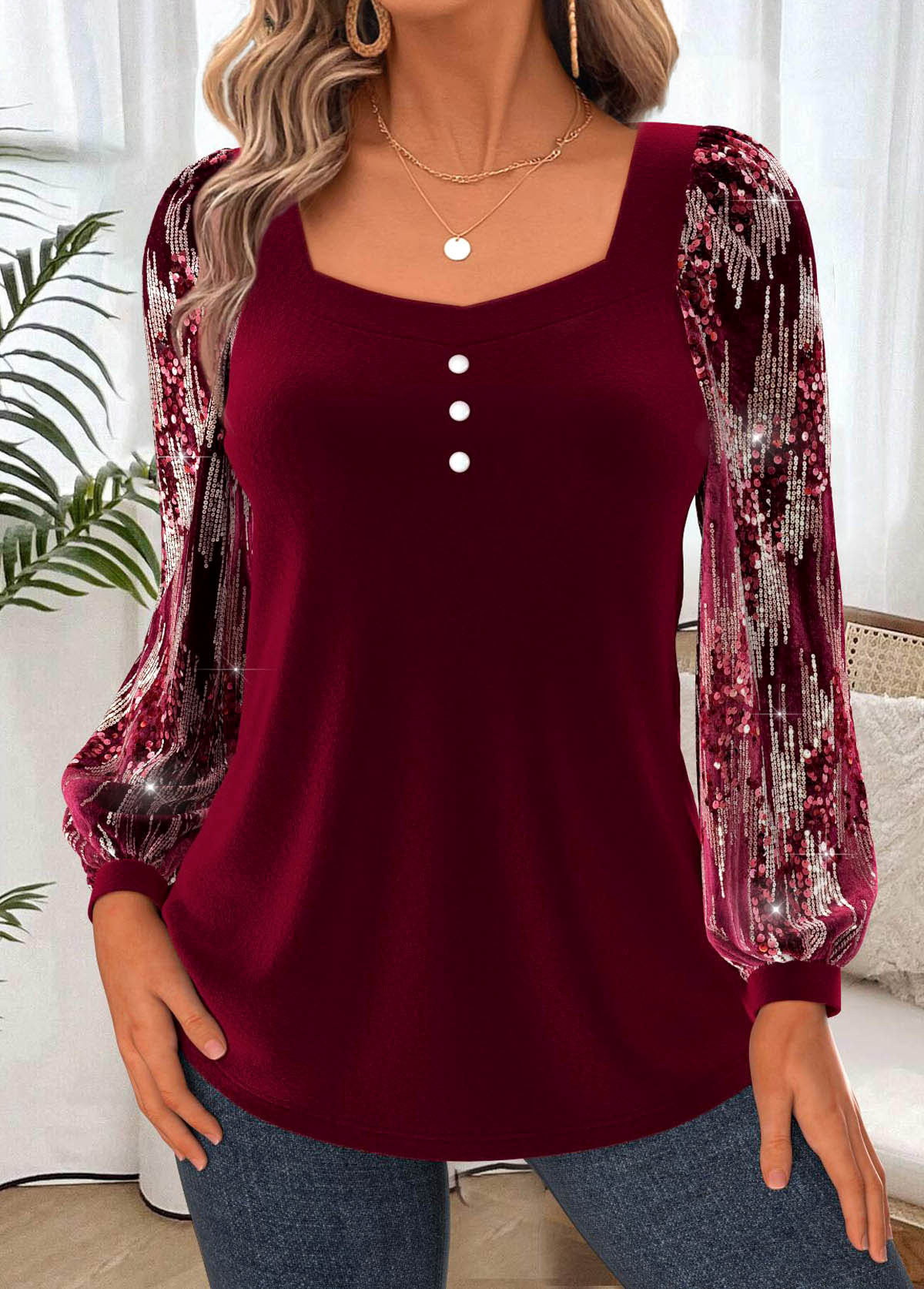 Tummy Coverage Wine Red Long Sleeve Heart Collar Blouse