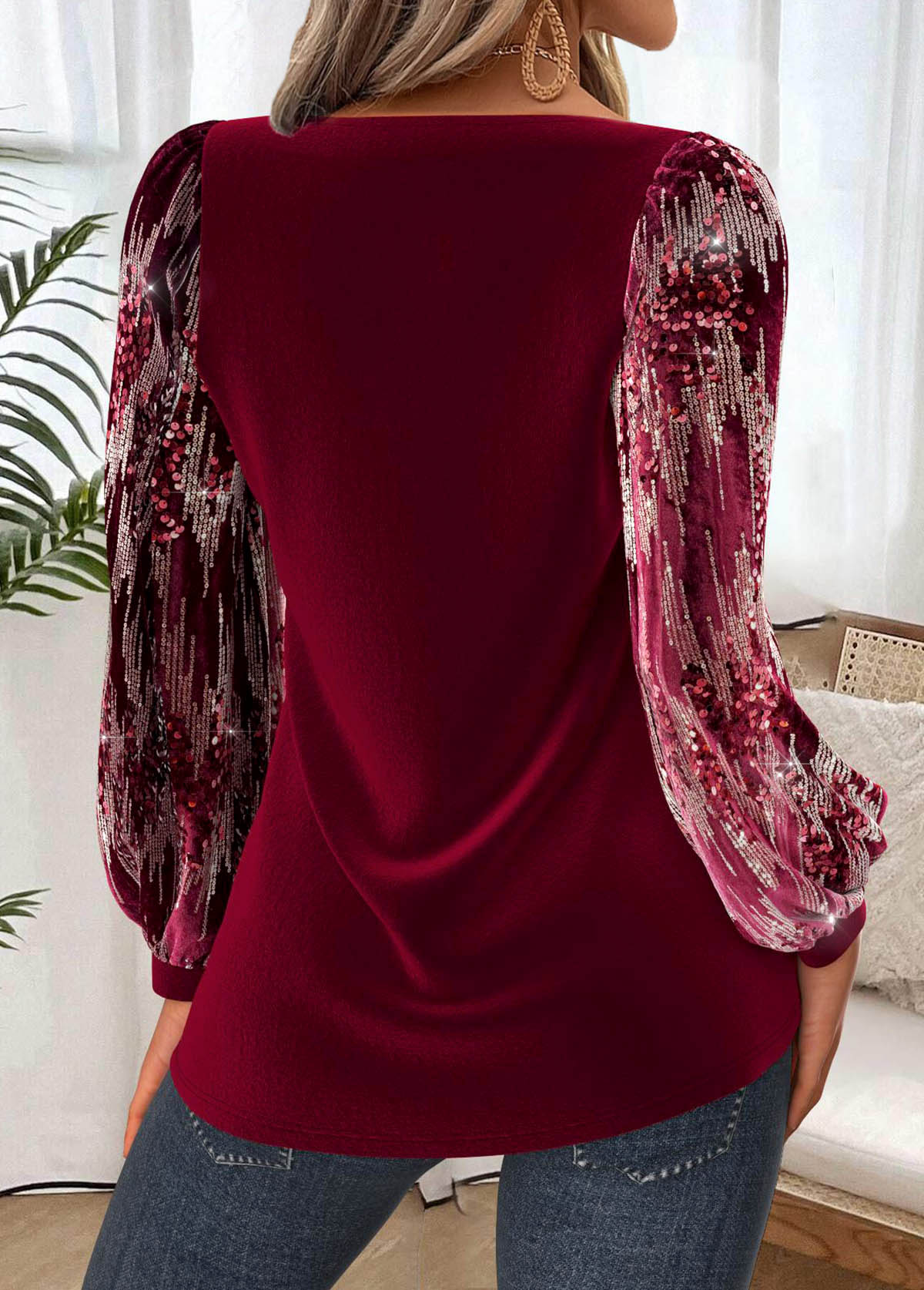 Tummy Coverage Wine Red Long Sleeve Heart Collar Blouse