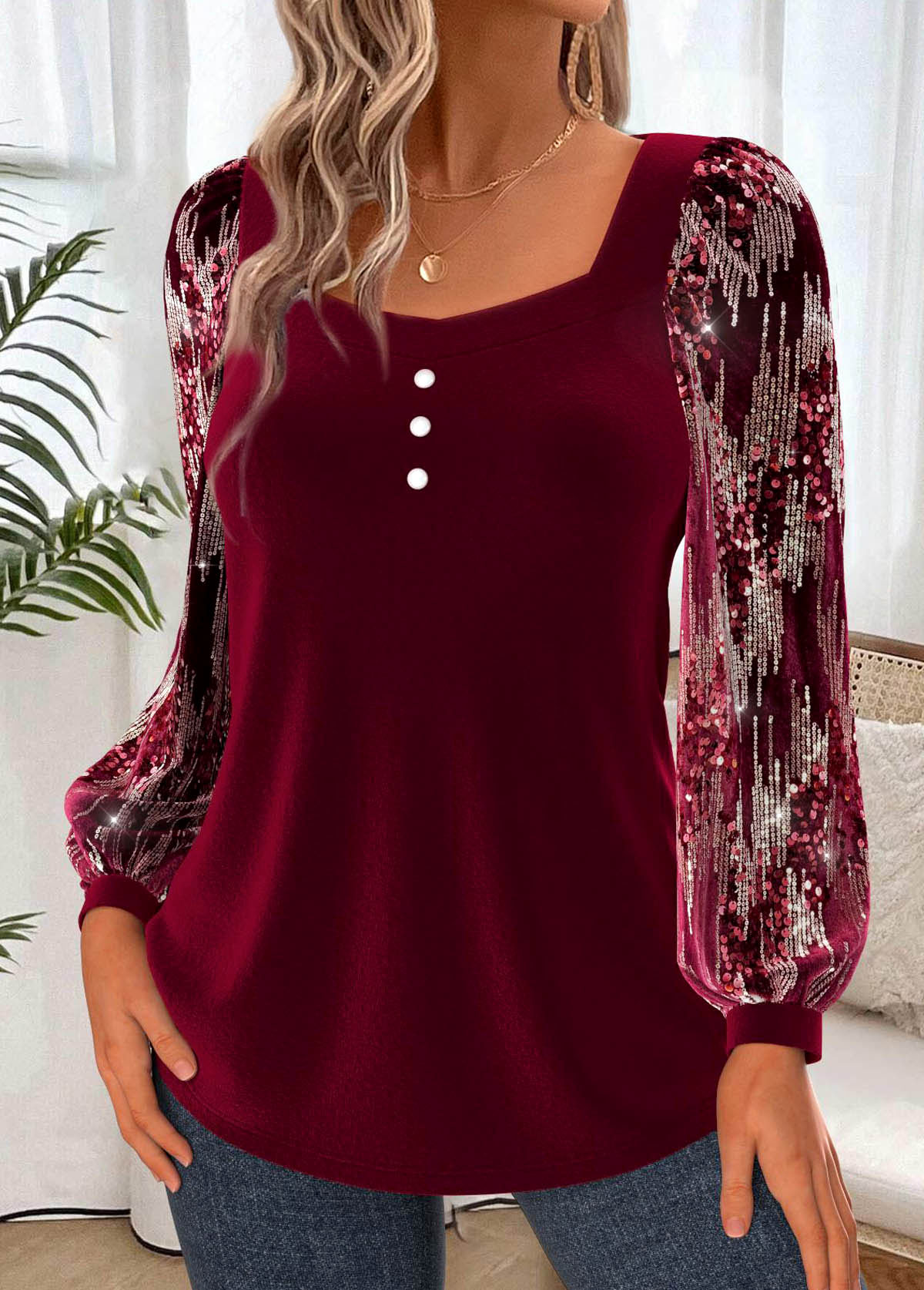 Tummy Coverage Wine Red Long Sleeve Heart Collar Blouse