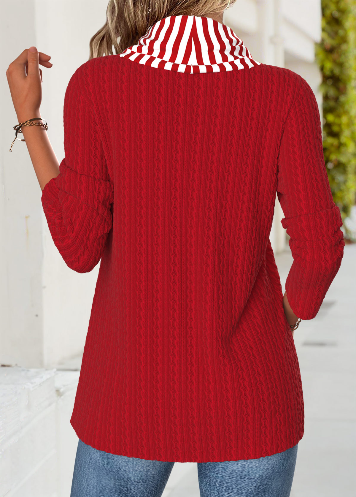 Striped Tummy Coverage Red Long Sleeve Cowl Neck Sweatshirt