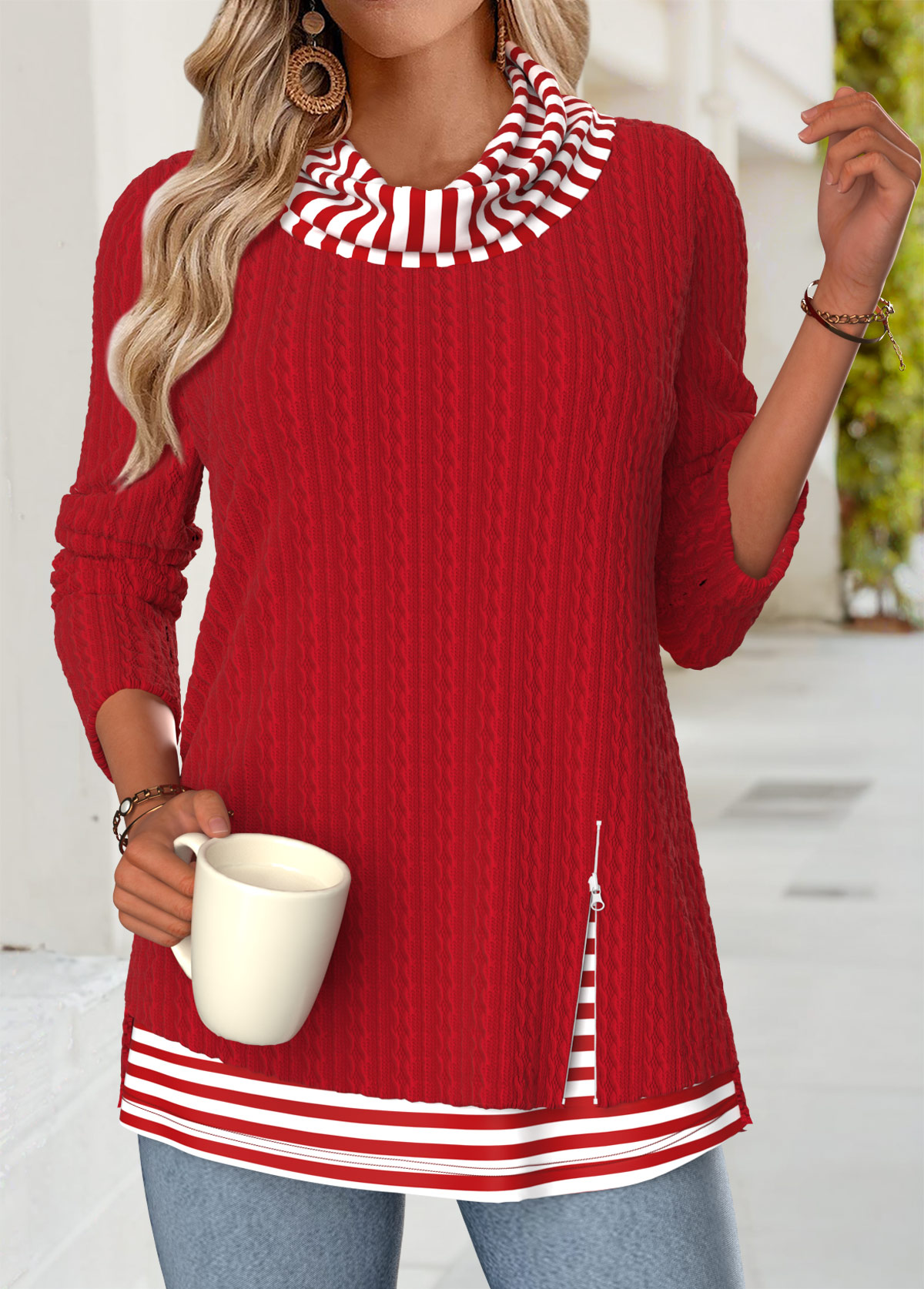 Striped Tummy Coverage Red Long Sleeve Cowl Neck Sweatshirt