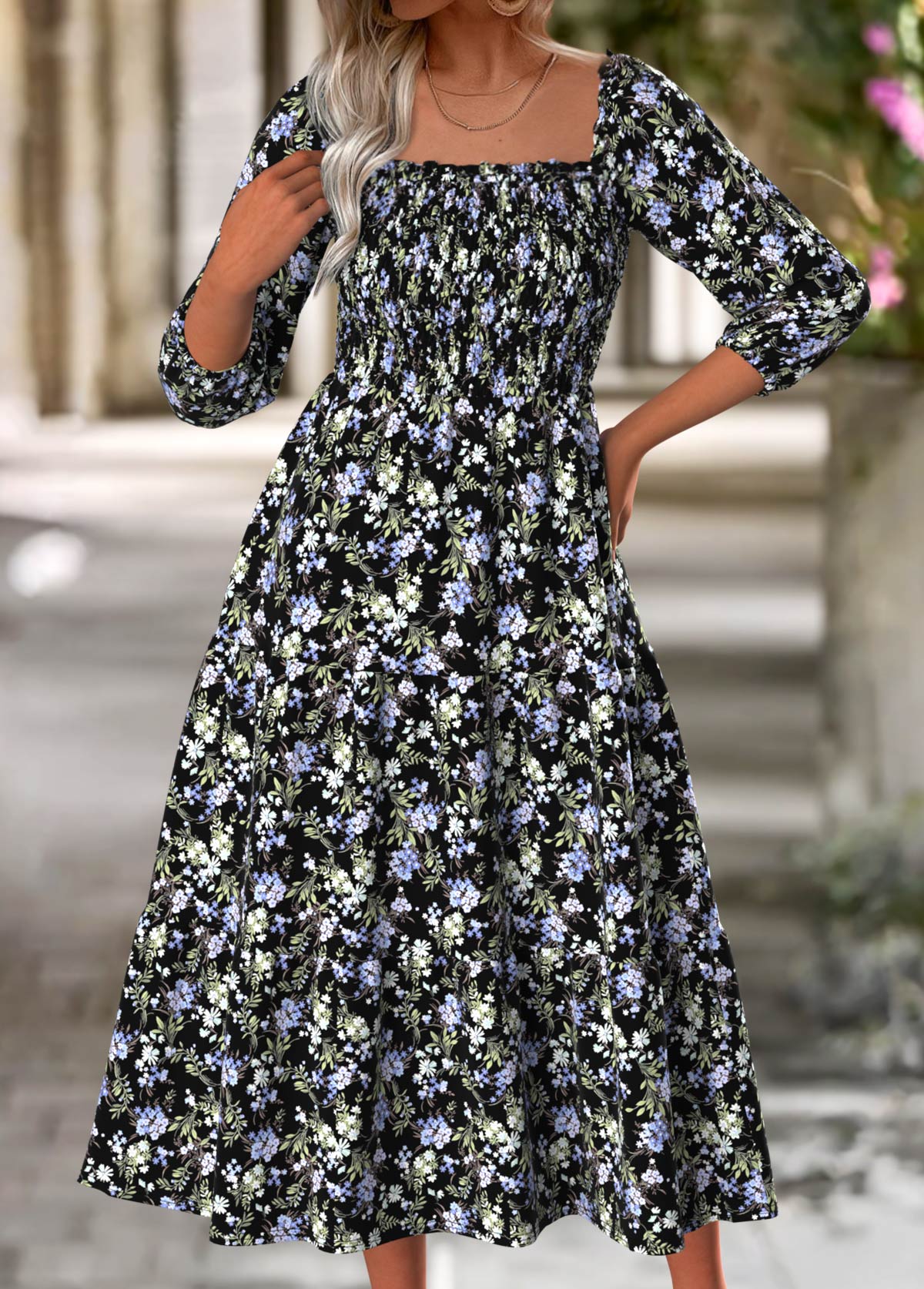 Floral Print Tummy Coverage Multi Color Long Sleeve Dress