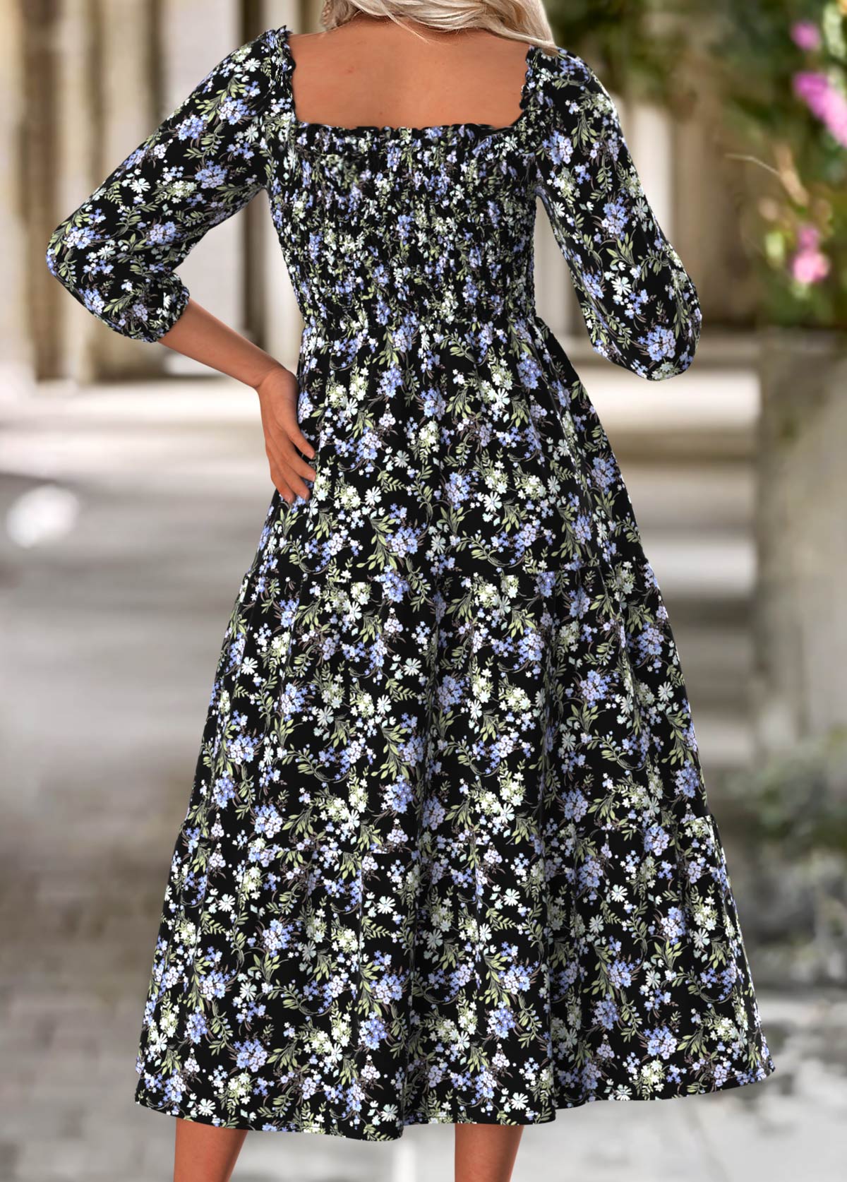 Floral Print Tummy Coverage Multi Color Long Sleeve Dress
