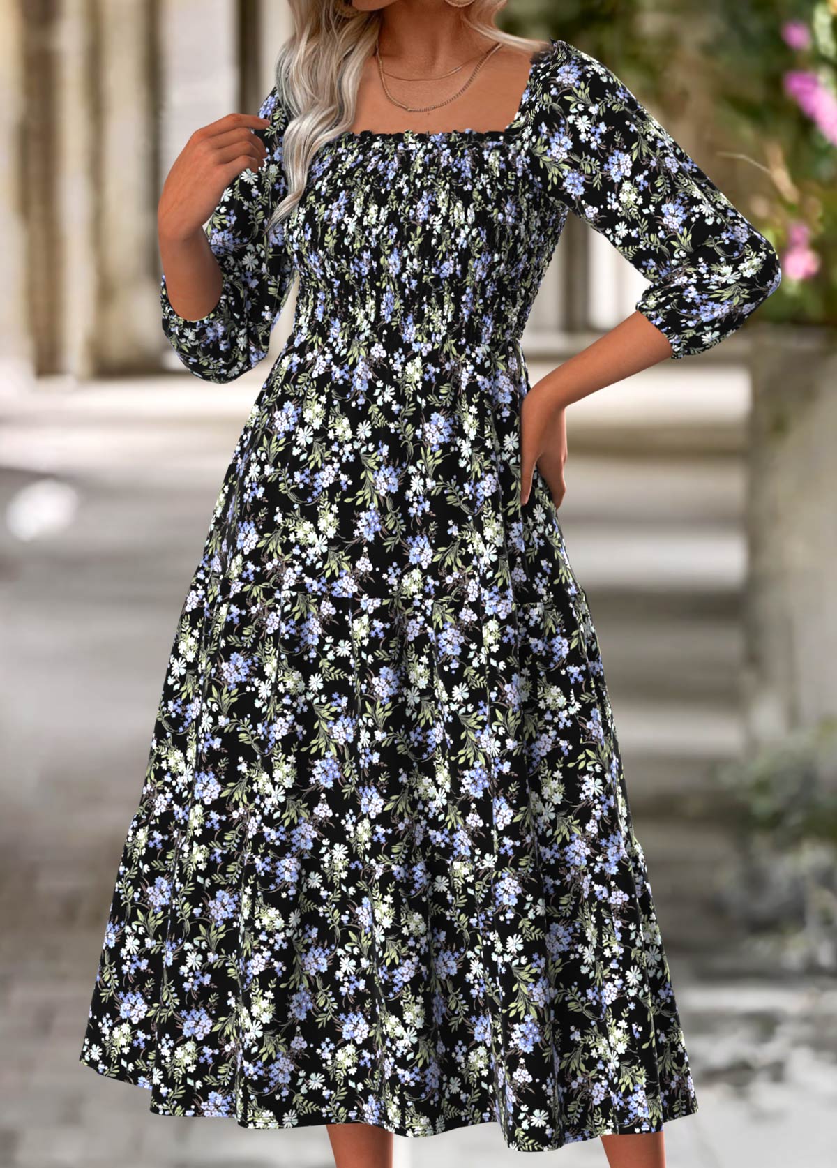 Floral Print Tummy Coverage Multi Color Long Sleeve Dress