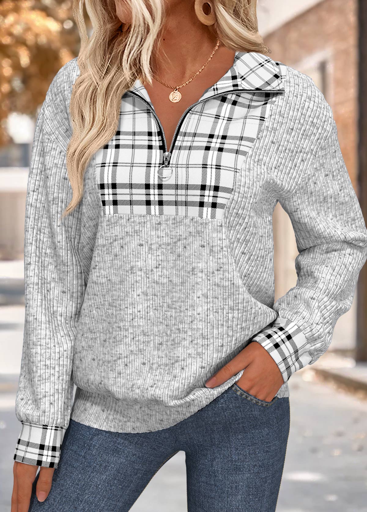 Plaid Grey Long Sleeve Turn Down Collar Sweatshirt