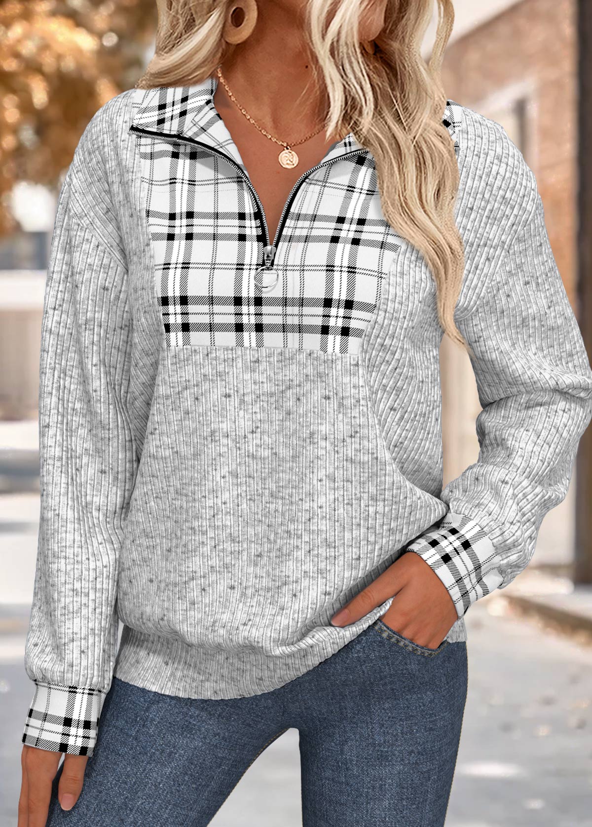 Plaid Grey Long Sleeve Turn Down Collar Sweatshirt
