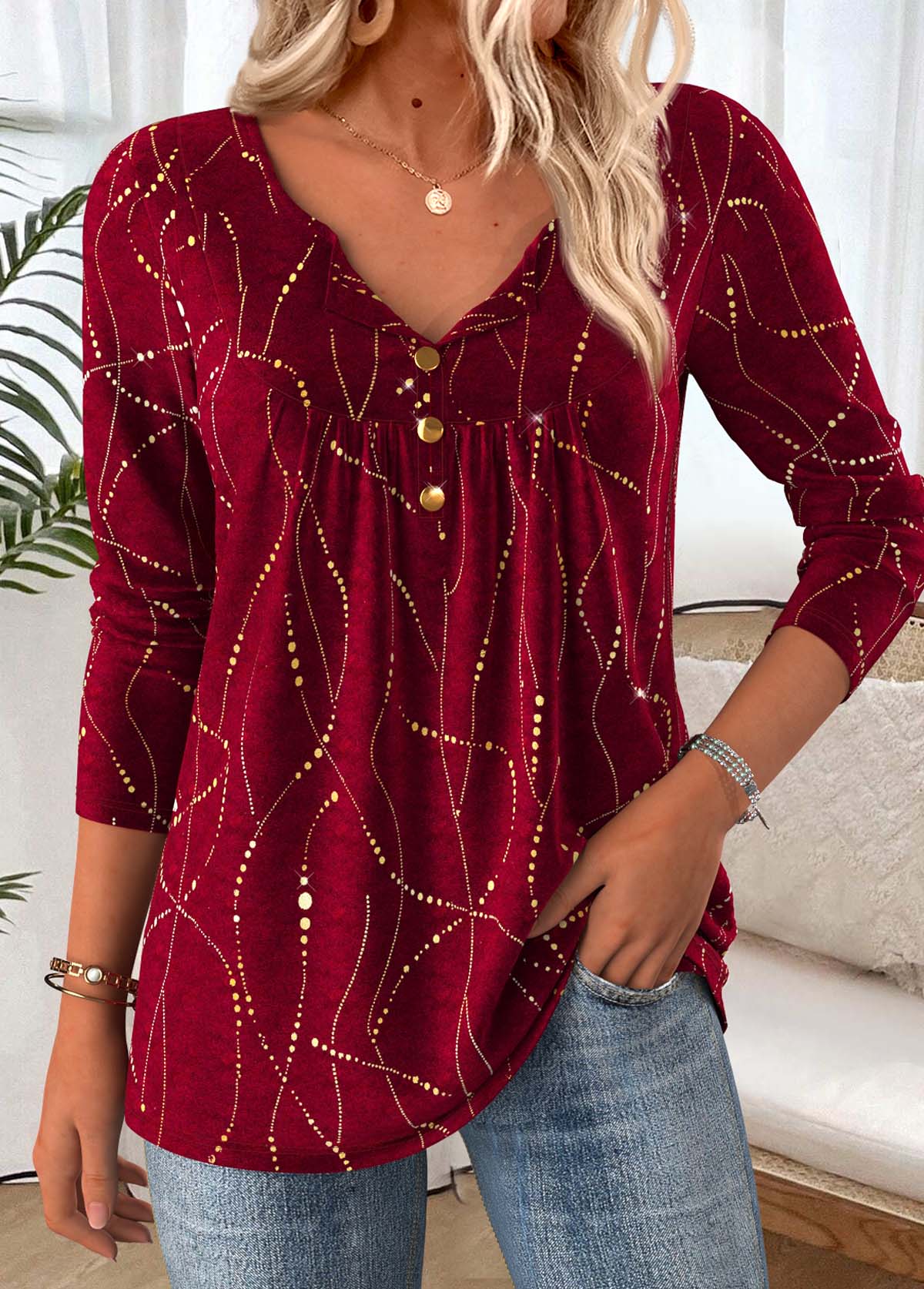 Geometric Print Tummy Coverage Wine Red T Shirt