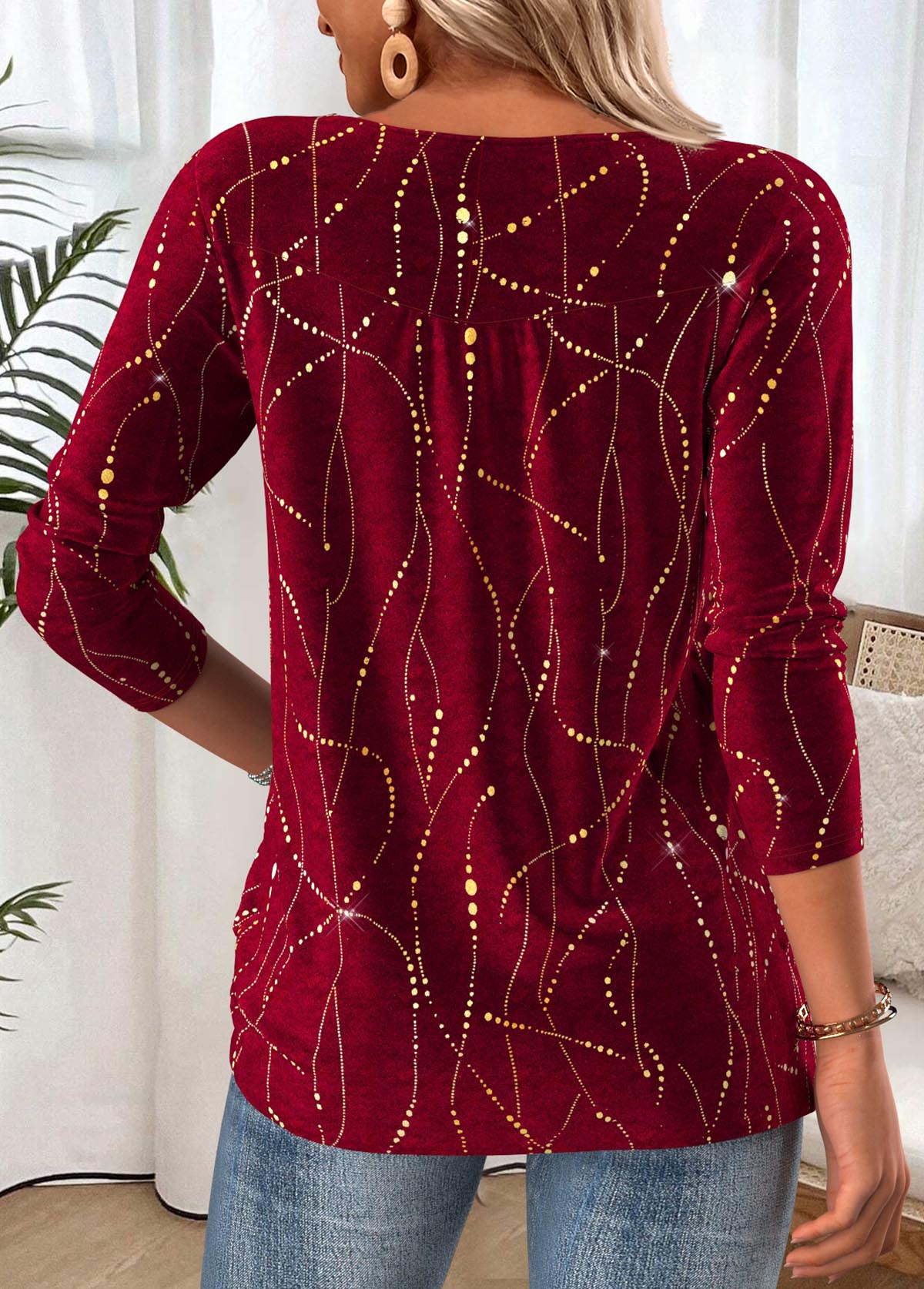 Geometric Print Tummy Coverage Wine Red T Shirt