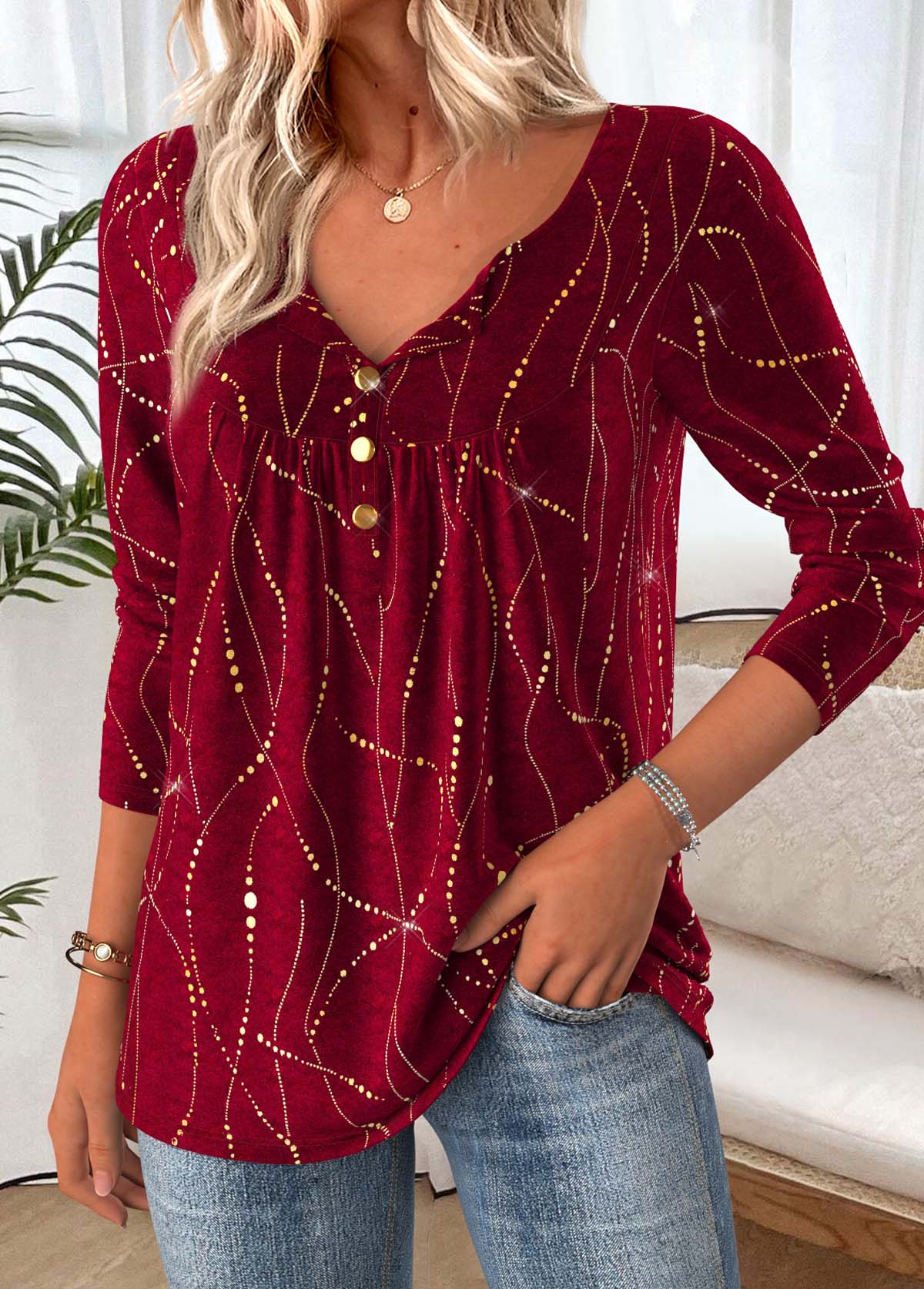 Geometric Print Tummy Coverage Wine Red T Shirt