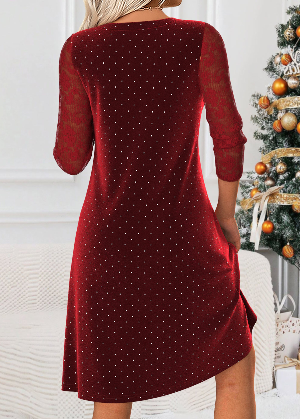 Polka Dot Tummy Coverage Wine Red Long Sleeve Dress