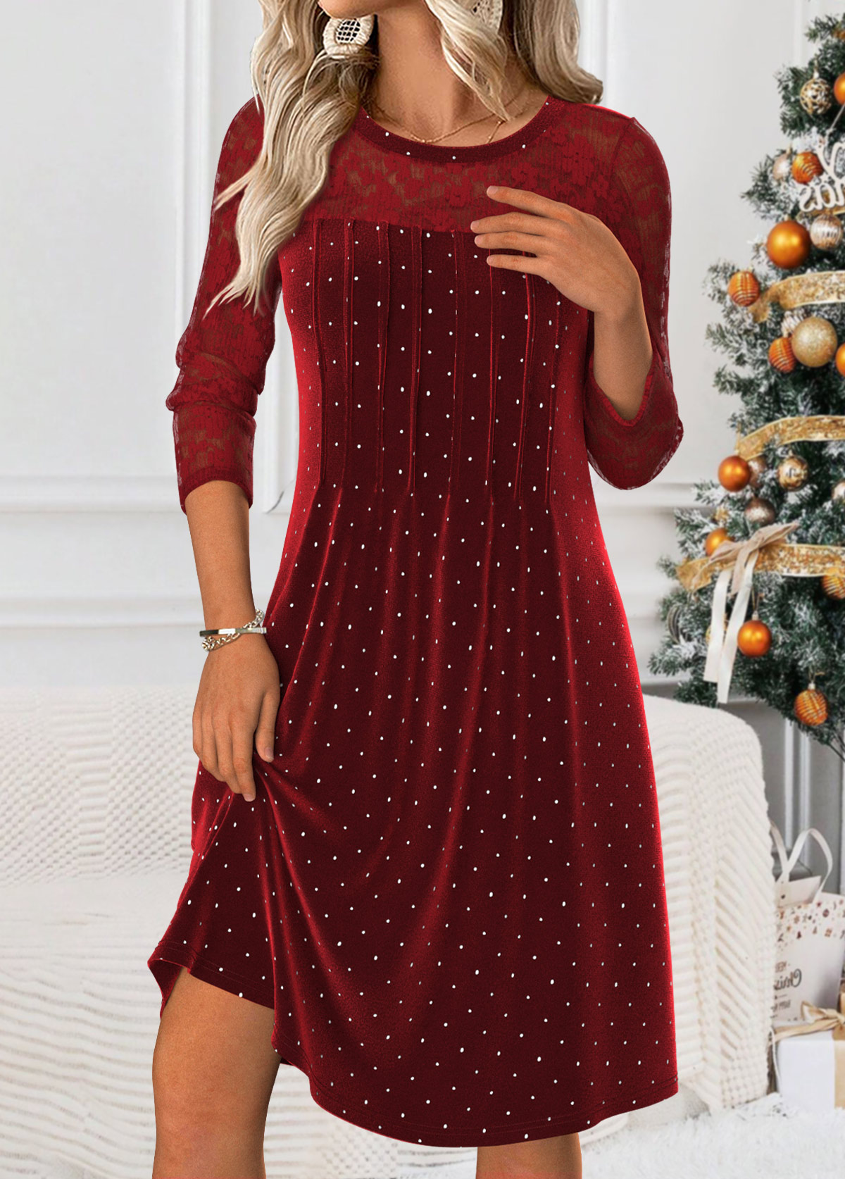 Polka Dot Tummy Coverage Wine Red Long Sleeve Dress