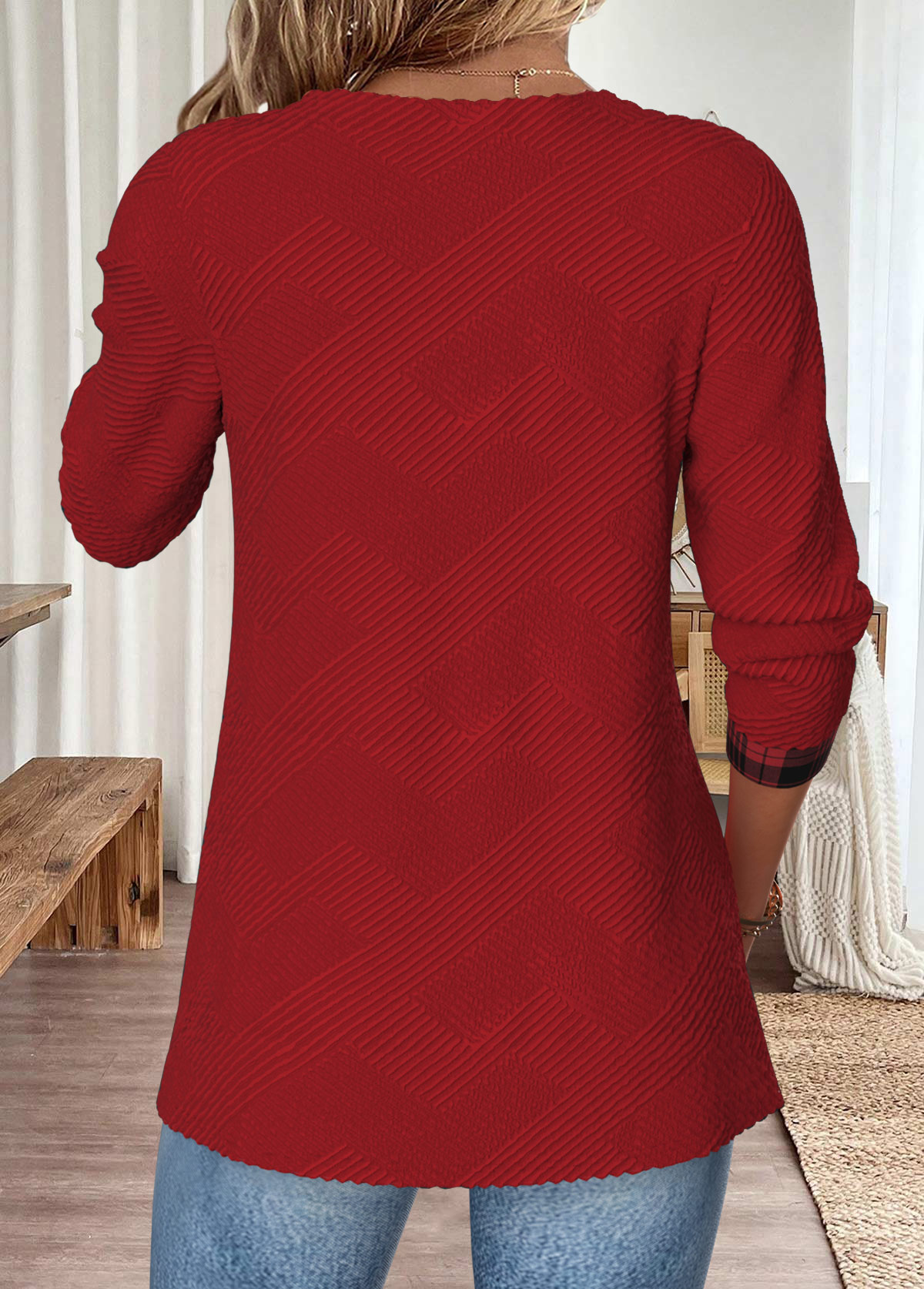 Plaid Tummy Coverage Wine Red Long Sleeve Blouse