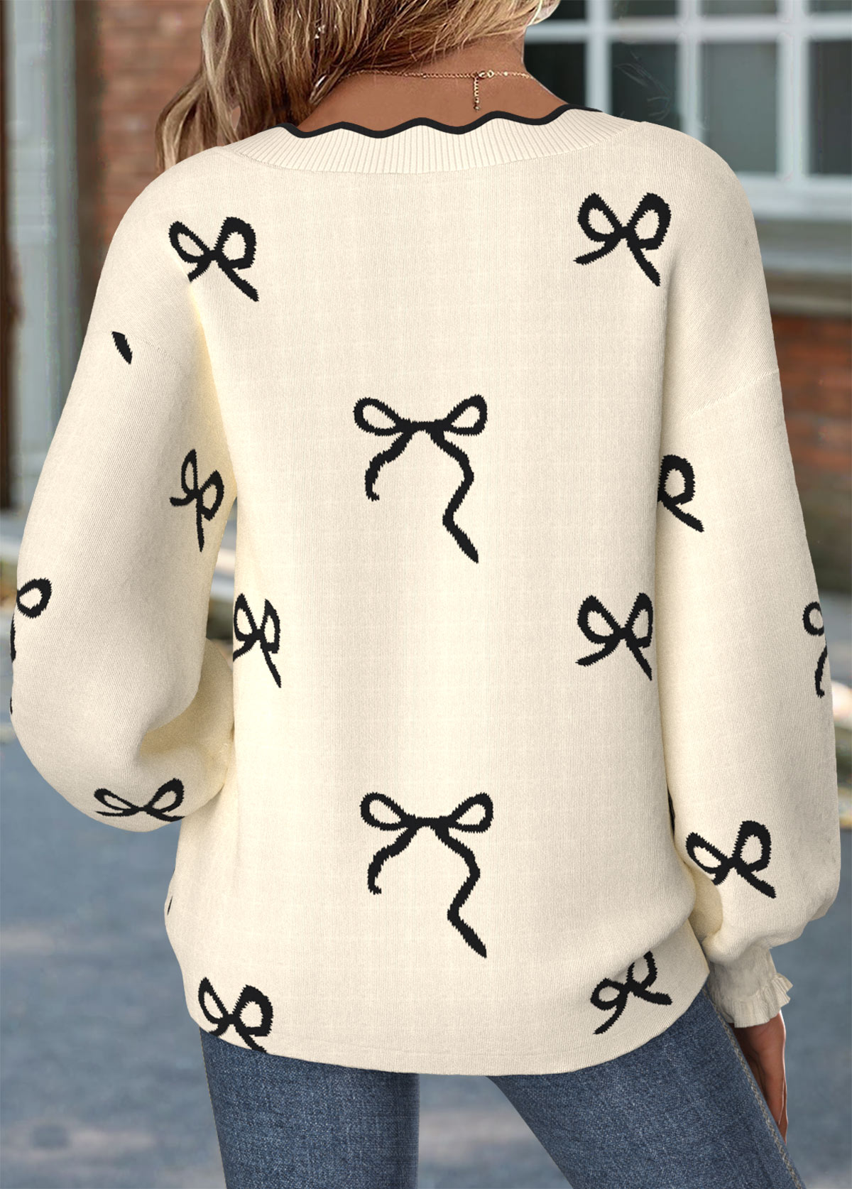 Curved Hem Beige Long Sleeve V Neck Sweatshirt